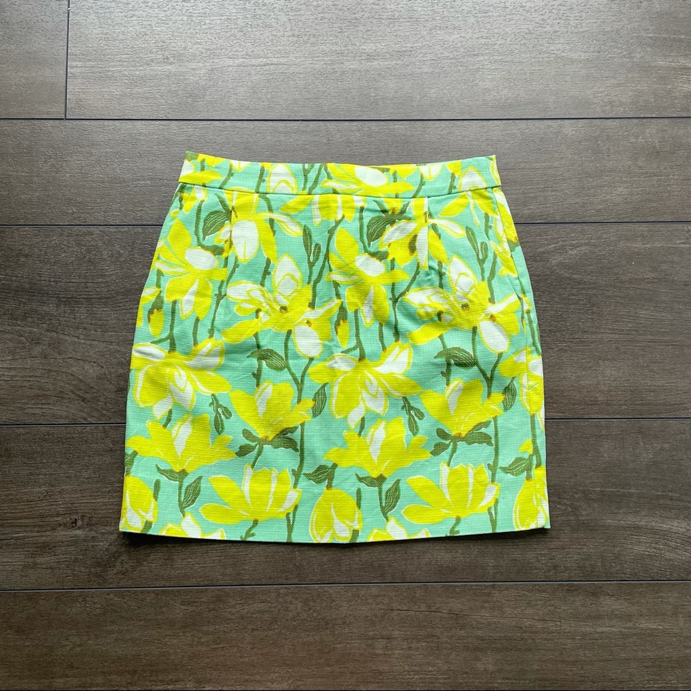 J Crew Size 2 Yellow and Green Floral Pencil Skirt